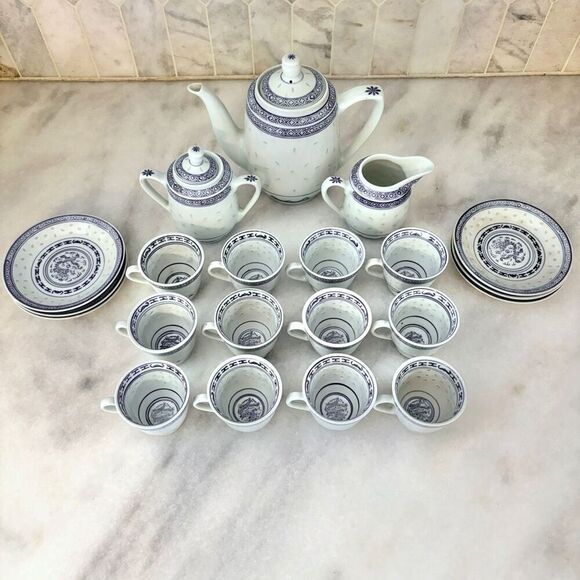 Vintage Chinese Tea Set Blue White Rice Porcelain MINT - Picture 12 of 13